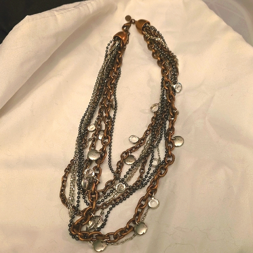 Elegant Multi-Chain Necklace in Silver and Bronze Tone